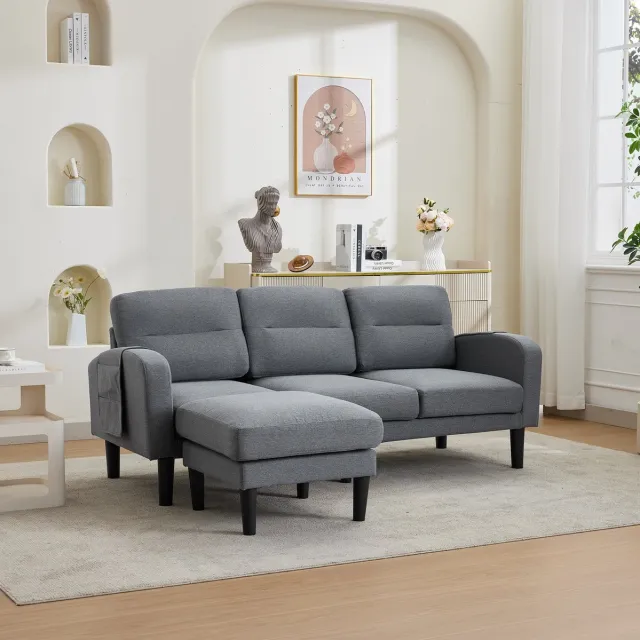 FloraGrace Hoekbank 204 x 136 x 80 cm - 3-Zits L-Vorm Met Chaise Longue, Opbergtassen En Afneembare Kussens - Woonkamer - Stof - Grijs