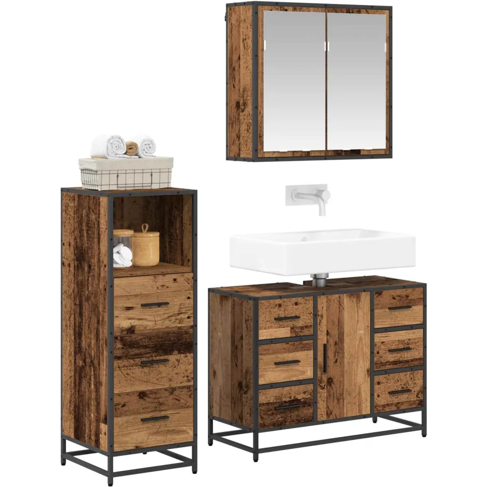 vidaXL Badkamermeubelset 3 st Oud Hout 80 x 33 x 60 cm Bewerkt hout Bruin