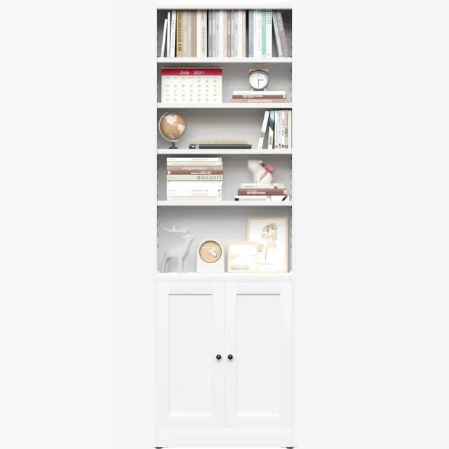 OKWISH Boekenkast – 5 Niveaus Met Deur – Verstelbare Planken Voor Woonkamer, Kantoor En Bibliotheek – Wit Metaal – 180x60x23,6 Cm