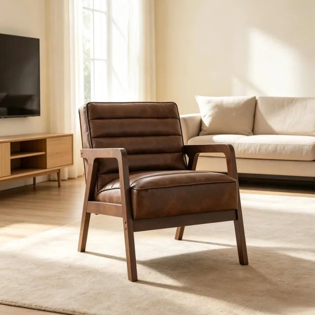 DESMIU Fauteuil 64 x 86 x 79 cm - Brede Zitting en Schuine Rugleuning - Voor Woonkamer en Leeshoek - Houten Onderstel en Kunstleer - Bruin