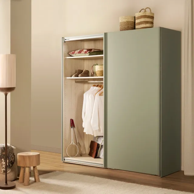 Woonexpress Kledingkast Menta - 200x217x67 cm (BxHxD) - Salie Groen - Plaatmateriaal - Metalen Greeplijsten - Schuifdeurkast