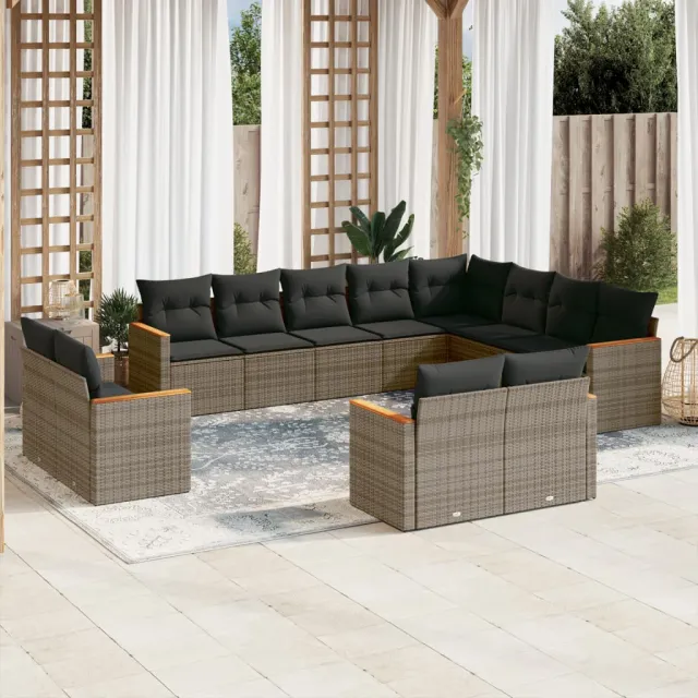 vidaXL 12-delige Loungeset met kussens poly rattan grijs