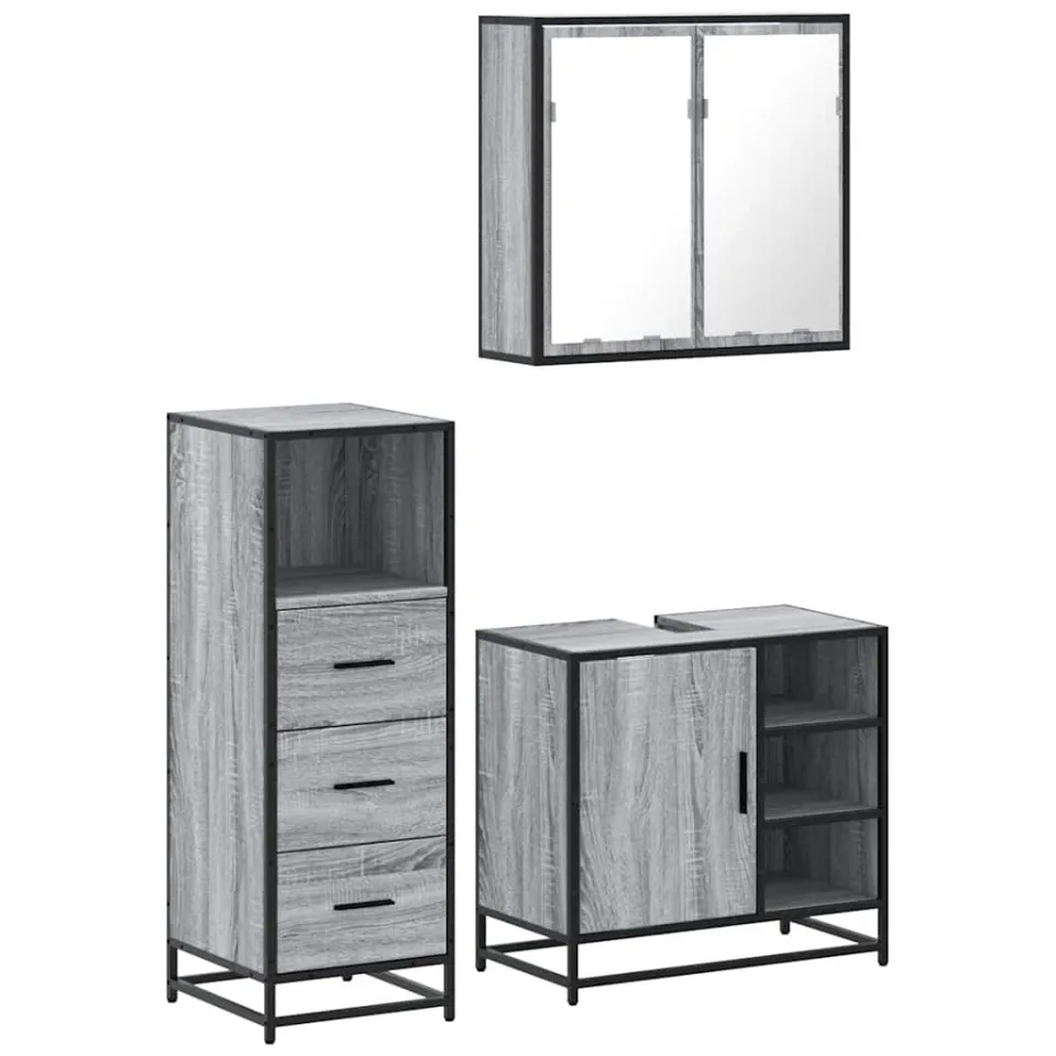 vidaXL 3-delige Badkamermeubelset bewerkt hout grijs sonoma eikenkleur, foto 3
