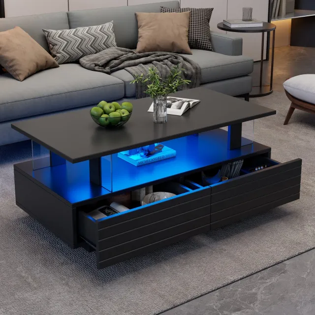 MIVRAY Salontafel - Met LED Verlichting En 2 Laden - Voor Woonkamer En Feestelijke Sfeer- 100x50x42 cm - Acryl - Zwart