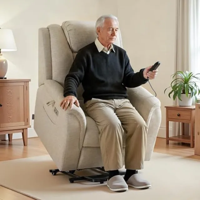 MCombo Elektrische Relaxfauteuil met Sta-op Hulp - Massage & Verwarming - Verstelbare Hoofdsteun - Seniorenstoel Verrijdbaar - Beige