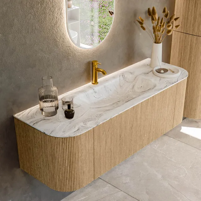 Mondiaz KURVE-DLUX 140 cm Onderkast Greeploos 1 Lade Met Deuren Oak, Wastafel Solid Surface Midden Glace 1 Kraangat Zonder Spiegel (KRVBGS140L+R1L2D1KM-Oak/Gla)