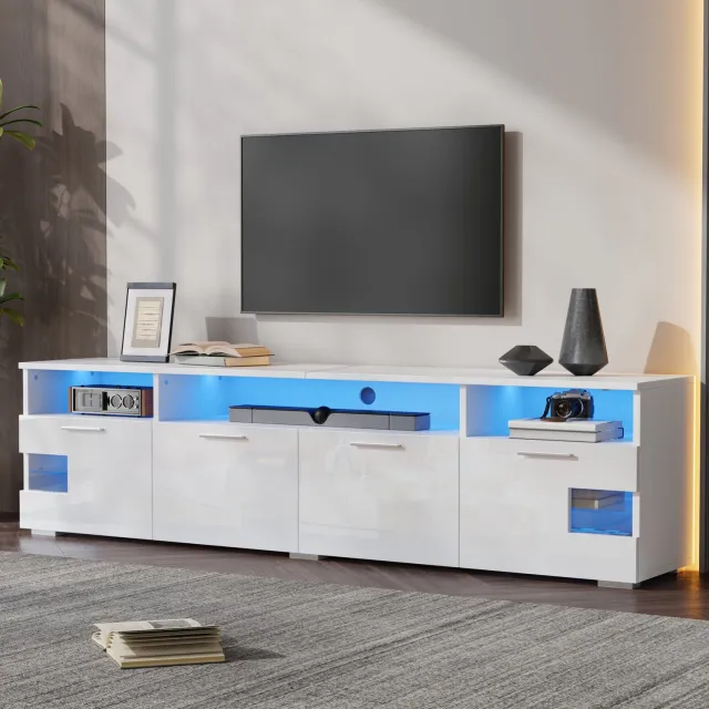 MIVRAY Tv-Meubel - Ledverlichting Met Appbediening en Vier Deuren - Voor Woonkamer en Tv's Tot 75 Inch - Mdf en Spaanplaat - Wit - 180x35x45 Cm