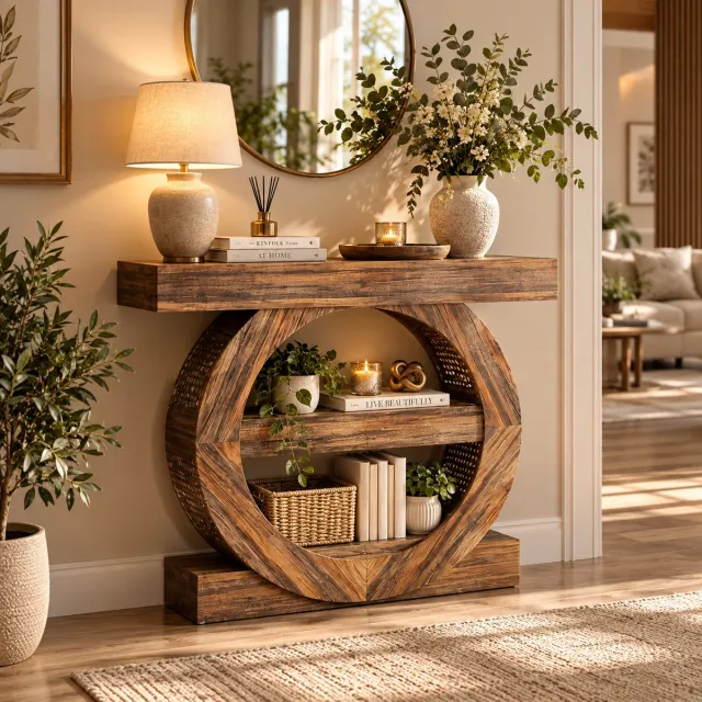 Rojellaa Donkerbruine Houten Wandconsole met Ronde Vakken en Twee Legplanken - 105x30x85 cm