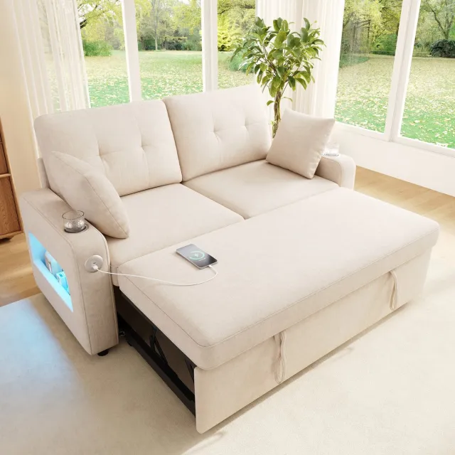 PHOEBE CAT Tweezitsbank - Slaapbank - LED-verlichting - USB/Type-C-oplaadpoorten - 2 bekerhouders - 2 kussens - Beige