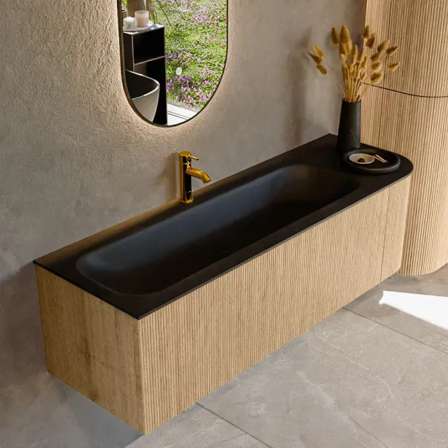 Mondiaz KURVE 145 cm Onderkast Greeploos 1 Lade Met Deuren Oak, Wastafel Solid Surface Links Urban 1 Kraangat Zonder Spiegel (KRVBGL145R1L1D1KL-Oak/Urb)