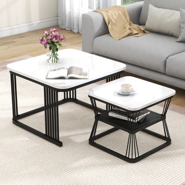 FloraGrace Salontafel Set - Twee Moderne Bijzettafels Met Hoogglans Marmerlook - Voor Woonkamer - MDF En Staal - Wit