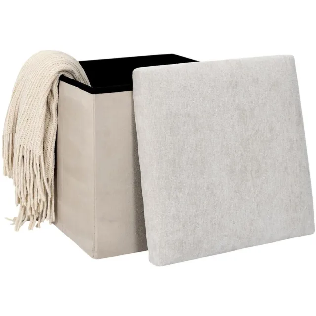 HOME DECO FACTORY Home deco Poef/hocker Emilia - beige - opvouwbaar - 38 x 38 cm - polyester/mdf - opbergbox