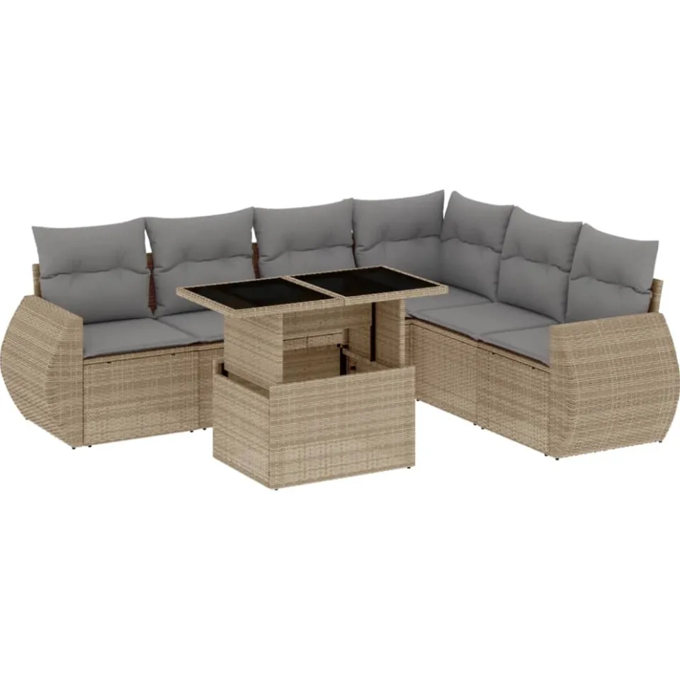 vidaXL 7-delige Loungeset met kussens poly rattan beige, foto 3