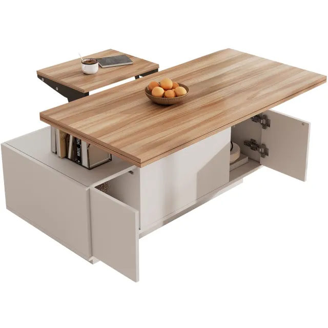 MUVANO Moderne salontafel met dubbel hefmechanisme - Salontafel met verborgen opbergruimte - 100x50 cm - Werken en eten - Woonkamer Wit en Houtkleur