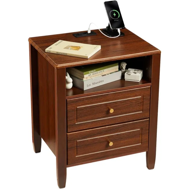 Triumpunpre Nachtkastje met Oplaadstation USB & 2 Lades - Esdoorn Houtlook - 50x40x60CM