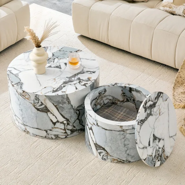 Clruro Salontafelset - Ø62,8/44 cm - 2-Delig Nestbaar met Opbergruimte - MDF - Houtlook Wit