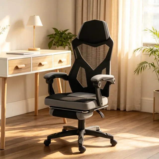 REDOM Gamingstoel - Ergonomische zitting - Hoge mesh rugleuning - Verstelbare zithoogte - Voetensteun - Mesh en kunststof - Zwart en Grijs - 58 x 63 x 112-122 cm