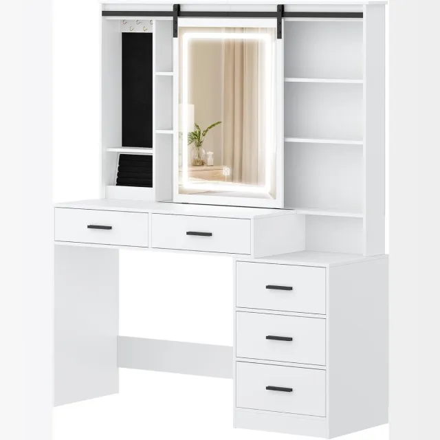 HILINSIE Kaptafel met Verstelbare Ledverlichting, Grote Afneembare Spiegel, Sieradenopbergruimte, Open Planken, 5 Lades, met Bijzettafeltje, voor Slaapkamer, 40 x 120 x 150 cm, Wit