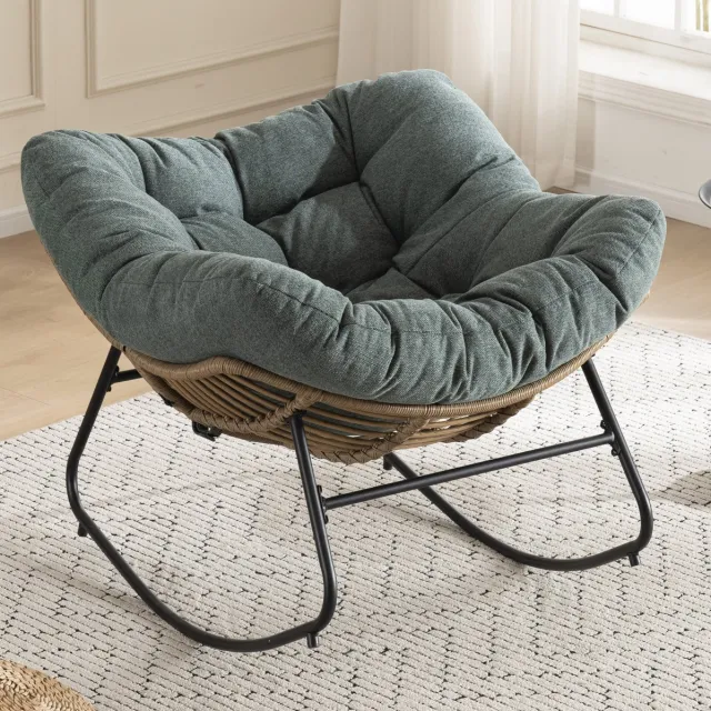 MODENUIT Schommelstoel - Chenille Fauteuil - Voor Woonkamer, Slaapkamer En Kinderkamer - Metalen Frame - Groen Green
