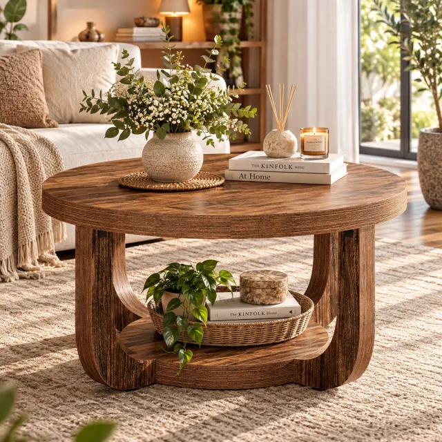 Rojellaa Ronde Salontafel met Onderblad – Donkerbruine Houtnerf – 80 cm