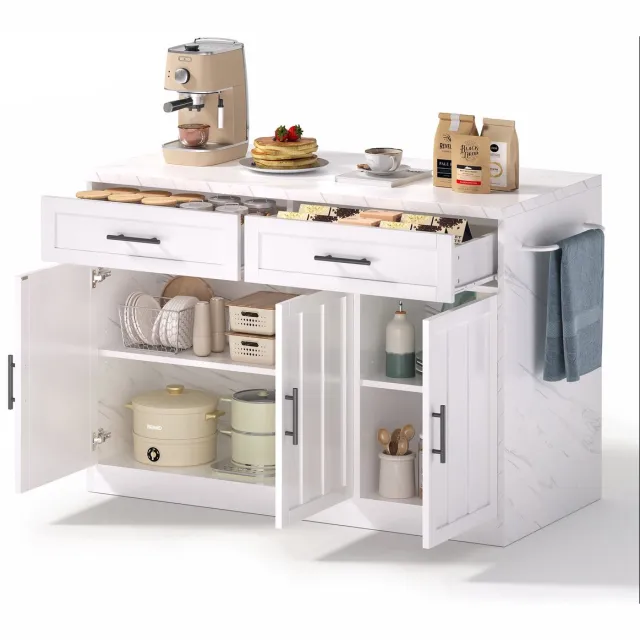 Merax Keukeneiland - 120x60x91cm - Wit Marmerlook Werkblad met USB en Stopcontact - Keukenmeubel met Lades Deuren en Handdoekhouder - Moderne Keukenbar met Opbergruimte
