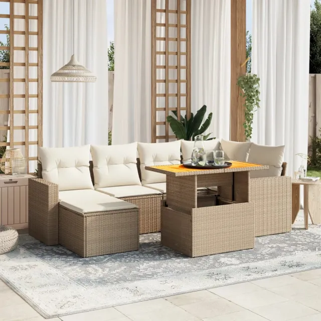 vidaXL 7-delige Loungeset met kussens poly rattan beige, foto 2
