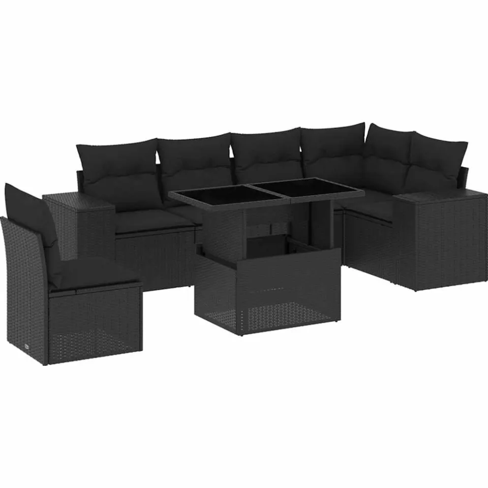 vidaXL 7-delige Loungeset met kussens poly rattan zwart