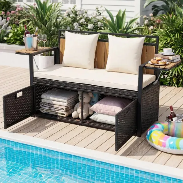 Vécarti 2‑Zits Rotan Buitenbank – 142,5L Opbergruimte – Weerbestendig – Metalen Frame – Verwijderbare Kussens – Tuin/Balkon/Terras – Luxe Outdoor Zitbank Natuurlijk Rotan + Beige Kussens