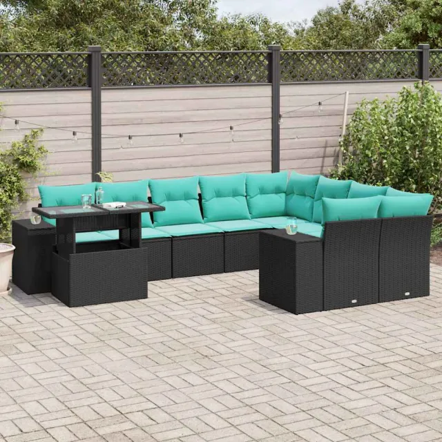 vidaXL 10-delige tuinbankset met kussens van zwart polyrotan, foto 2