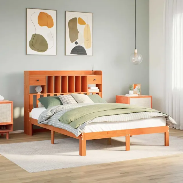 vidaXL Bed met boekenkast zonder matras grenenhout wasbruin 135x190 cm bruin