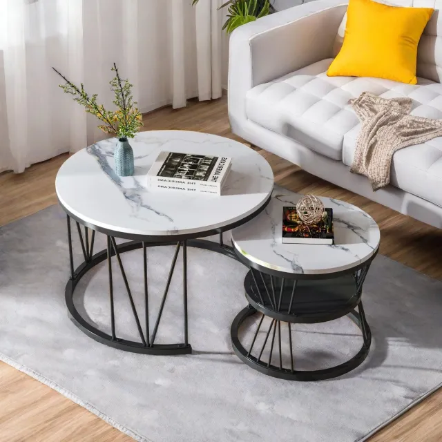 ROSAHQNDA Salontafel Rond - Salontafels - Set van 2 - Zwart/Wit Wit - Zwart