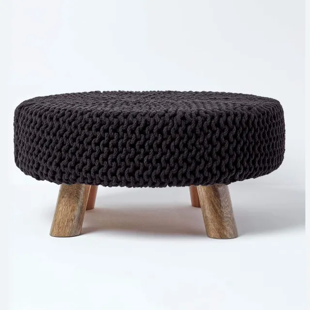 Homescapes Gebreide Voetenbank 30cm Hoog, Zwart