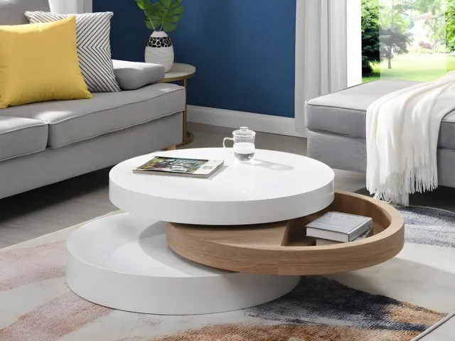 Vente-unique Salontafel met draaiblad JANITA - MDF - Eik en wit Natuurlijk licht, Wit