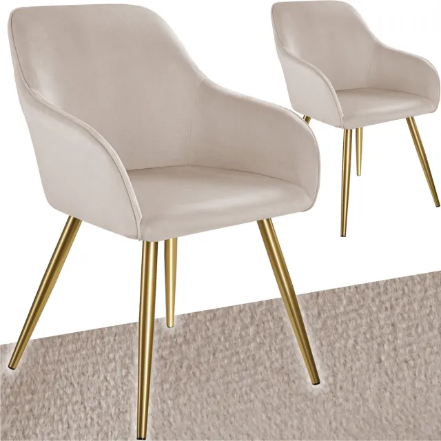 Tectake Eetkamerstoel Marilyn - Set van 2 - Met Armleuningen - Elegante Stoel met Gevoerde Zitting in Fluweellook - Gestoffeerd - Gouden metalen poten - Ergonomische Keukenstoel - Stoel voor Woonkamer, Eetkamer en Slaapkamer - Taupe taupe/goud