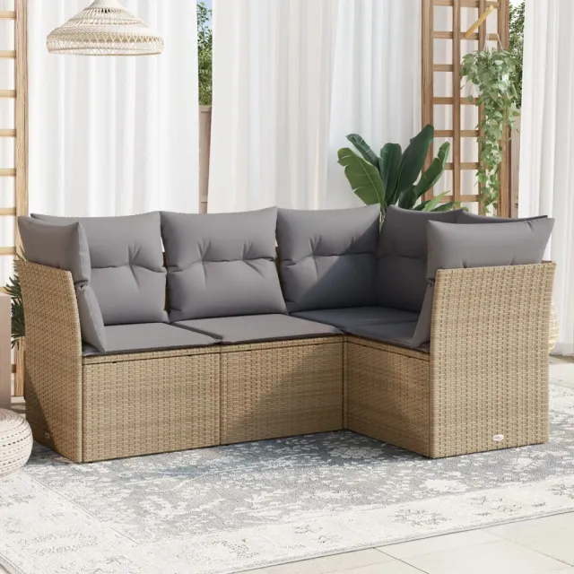 vidaXL 4-delige Loungeset met kussens poly rattan beige, foto 2