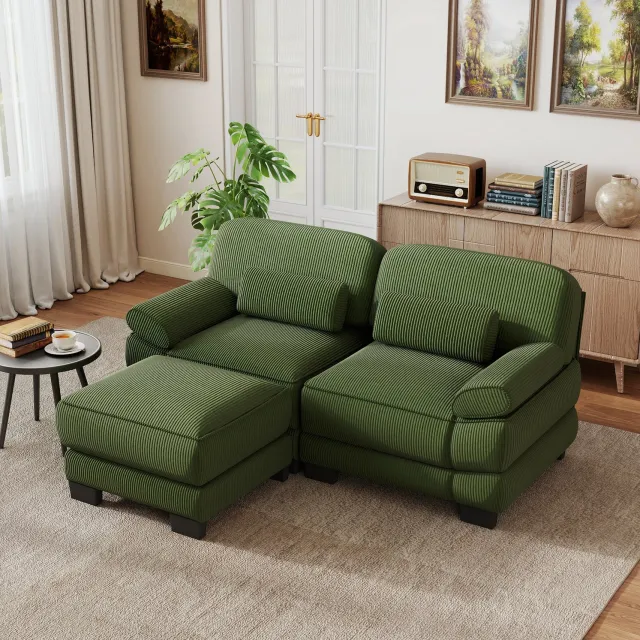 MIVRAY Hoekbank 194 x 161 x 94 cm - Modulaire 2-Zitsbank met Hocker en Lendenkussen - voor Woonkamer en Appartement - Ribstof - Groen
