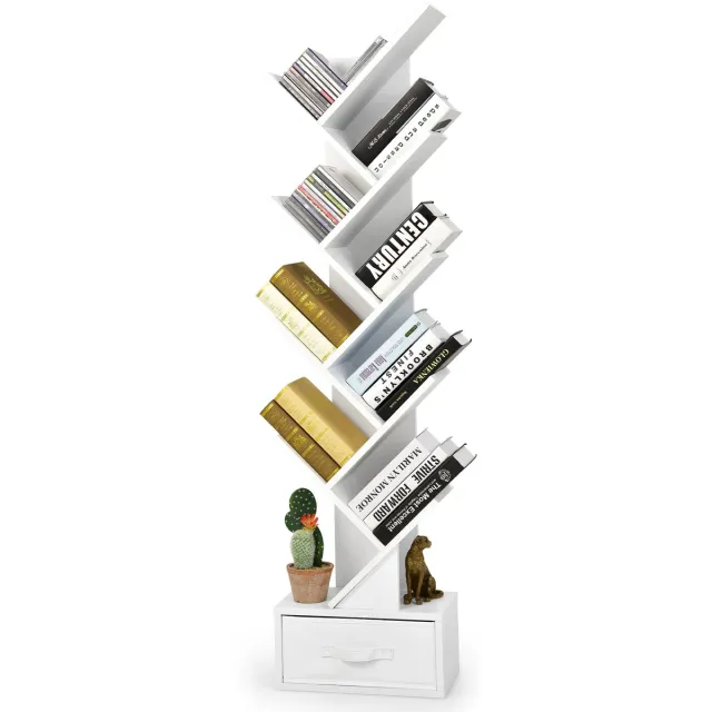 Costway Boekenkast met lade, 8 verdiepingen, staand rek, boomvorm, cd- en dvd-plank, voor slaapkamer, woonkamer en thuiskantoor, 38 x 21,5 x 149,5 cm (wit)