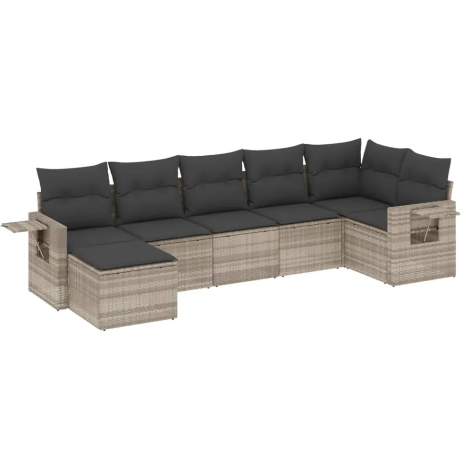 vidaXL 7-delige Loungeset met kussens poly rattan lichtgrijs