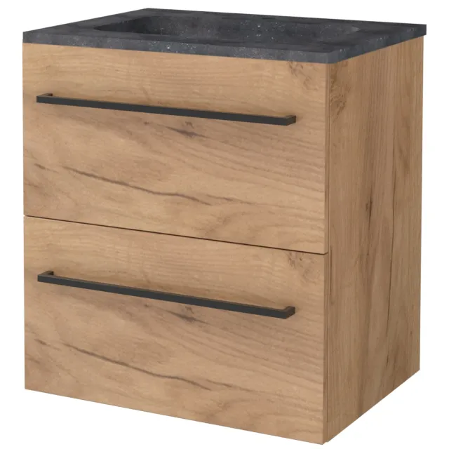 Boss & Wessing Badmeubelset BWS Salt 60x46cm Met Grepen 2 Lades Met Wastafel Hardsteen 1 Kraangat Whisky Oak Bruin