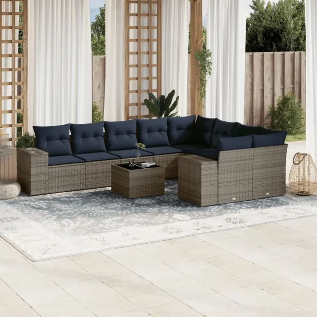vidaXL 10-delige tuinbankset met kussens, grijs polyrotan, foto 2