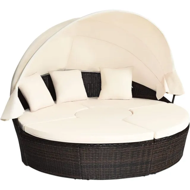 Costway Rotan zonne-eiland met opvouwbaar zonnedak, polyrotan lounge set incl. kussens & in hoogte verstelbare salontafel, outdoor zonnebed ligstoel, voor tuin terras veranda (beige)