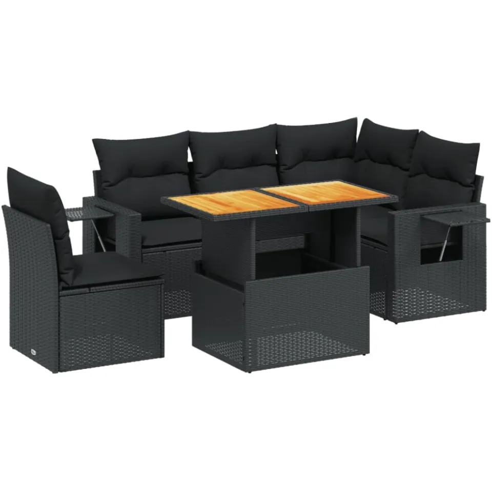 vidaXL 6-delige Loungeset met kussens poly rattan zwart, foto 3
