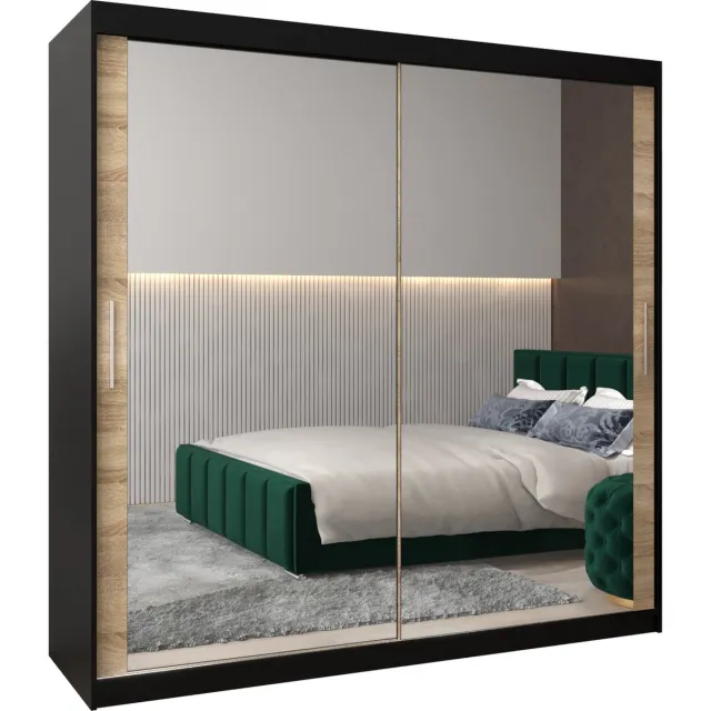 InspireME Kledingkast met 2 schuifdeuren, Modern-stijl, Kledingkast met planken (BxHxD): 200x200x62 - TORM III 200 Zwart Mat + Sonoma Eik