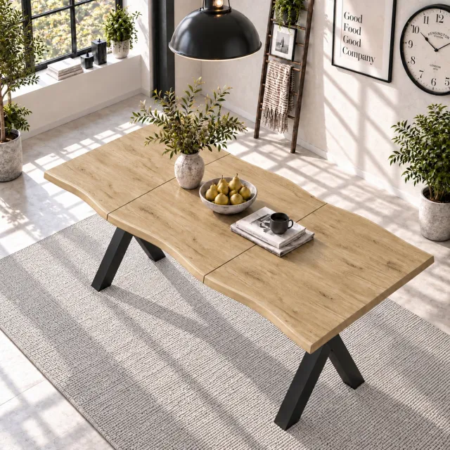 HAUSS SPOLE Eettafel - Golvende Tafelrand en X-Vormige IJzeren Poten - voor 4 tot 6 Personen - MDF en IJzer - Houtkleur - 160x78x77 cm