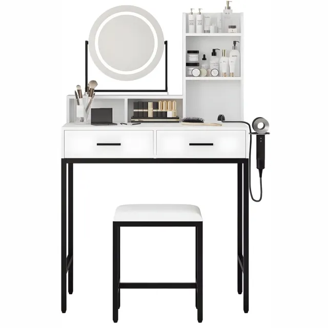 Happiq Kaptafel - Voor Slaapkamer - Grote Make-up Tafel met 360° Roterende Spiegel, Kruk en Verstelbare Helderheid in 3 Kleuren - Met USB-Poorten - Wit Zwart White
