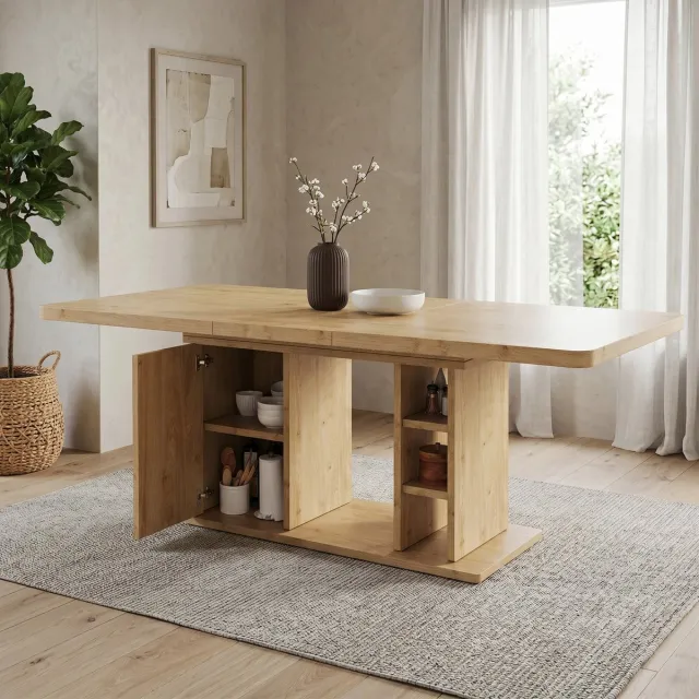 MODENUIT Eettafel - Uitschuifbaar Met Opbergruimte - Voor Eetkamer - MDF - Eikenkleur - 140/180x80 Cm Oak