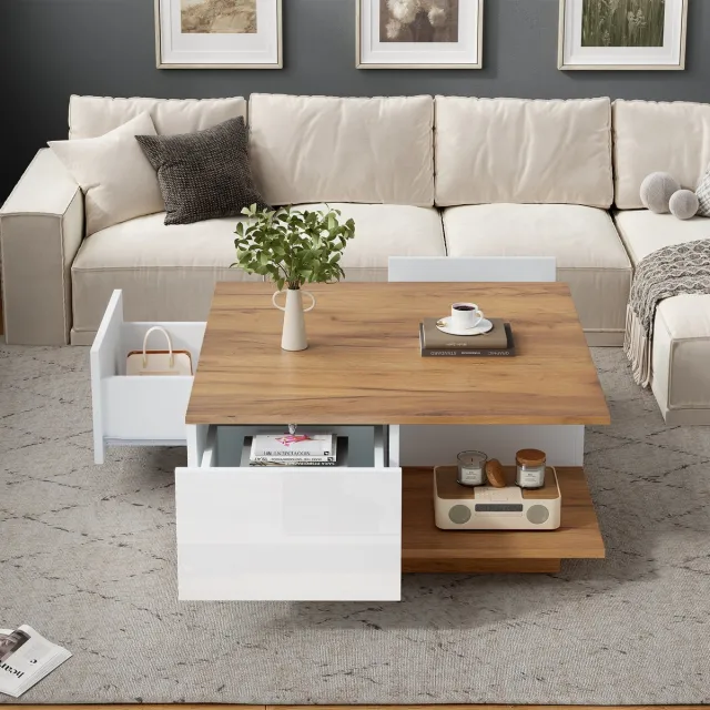 STILVORA Salontafels Koffietafel - Salontafel Met 3 Schubladen En Opbergruimte - Bijzettafeltjes Woonkamer, Geometrisch Sofatisch - 70x70x31.5 cm - Spaanplaat - Wit