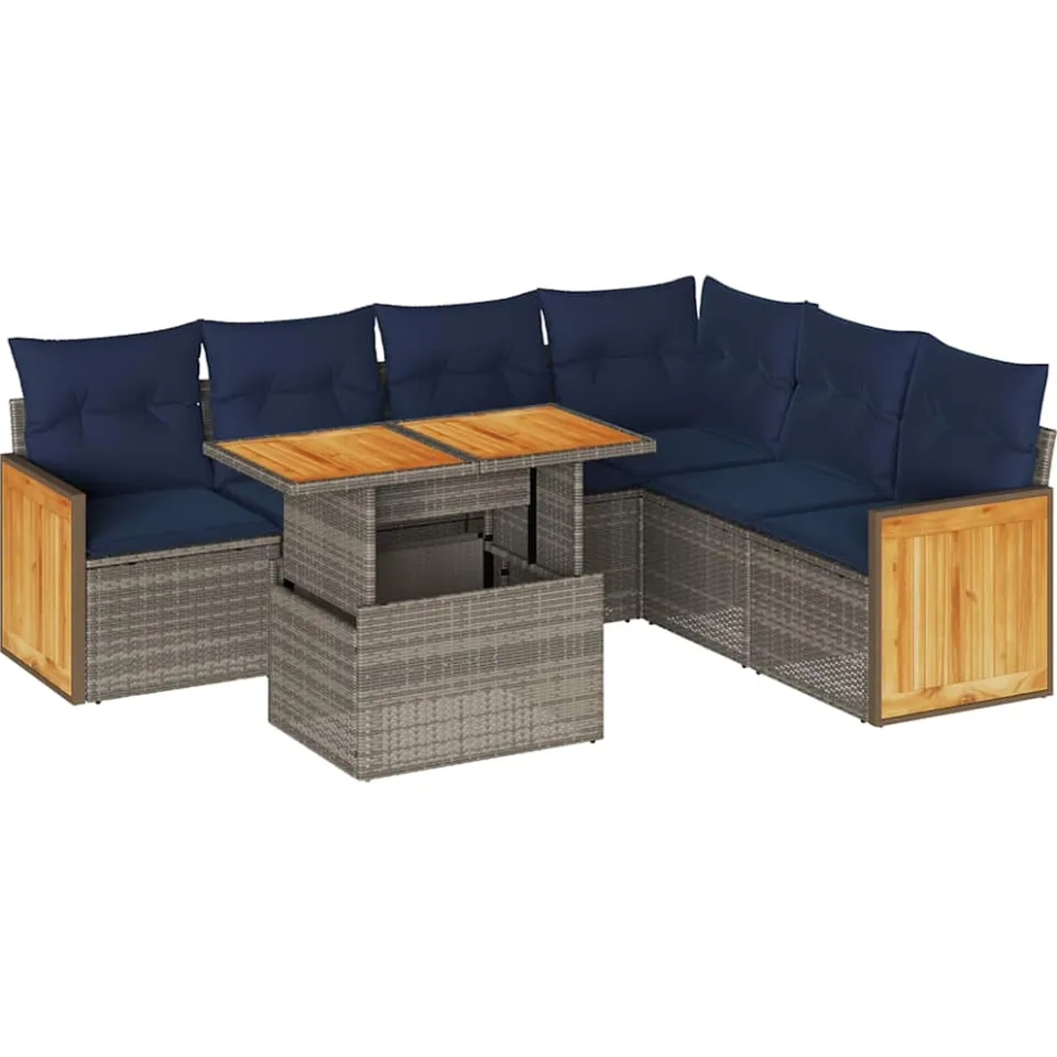vidaXL 7-delige Loungeset met kussens poly rattan acacia grijs, foto 3