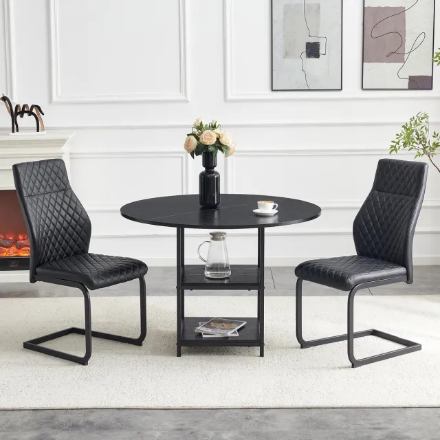 MIVRAY Eetkamerset 107 Cm - Ronde Tafel Met Dubbele Opbergruimte En 2 Stoelen - Voor Eethoek En Keuken - Zwart Metaal