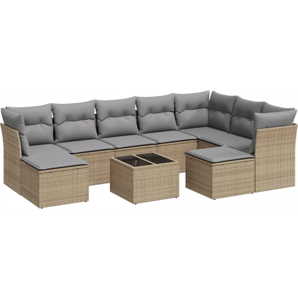 vidaXL 10-delige Loungeset met kussens poly rattan beige
